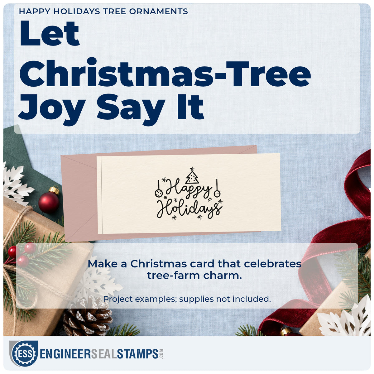 A finished handmade project stamped with the Happy Holidays Tree Ornaments With Sparkles Self-Inking Stamp, ideal for trim night album.