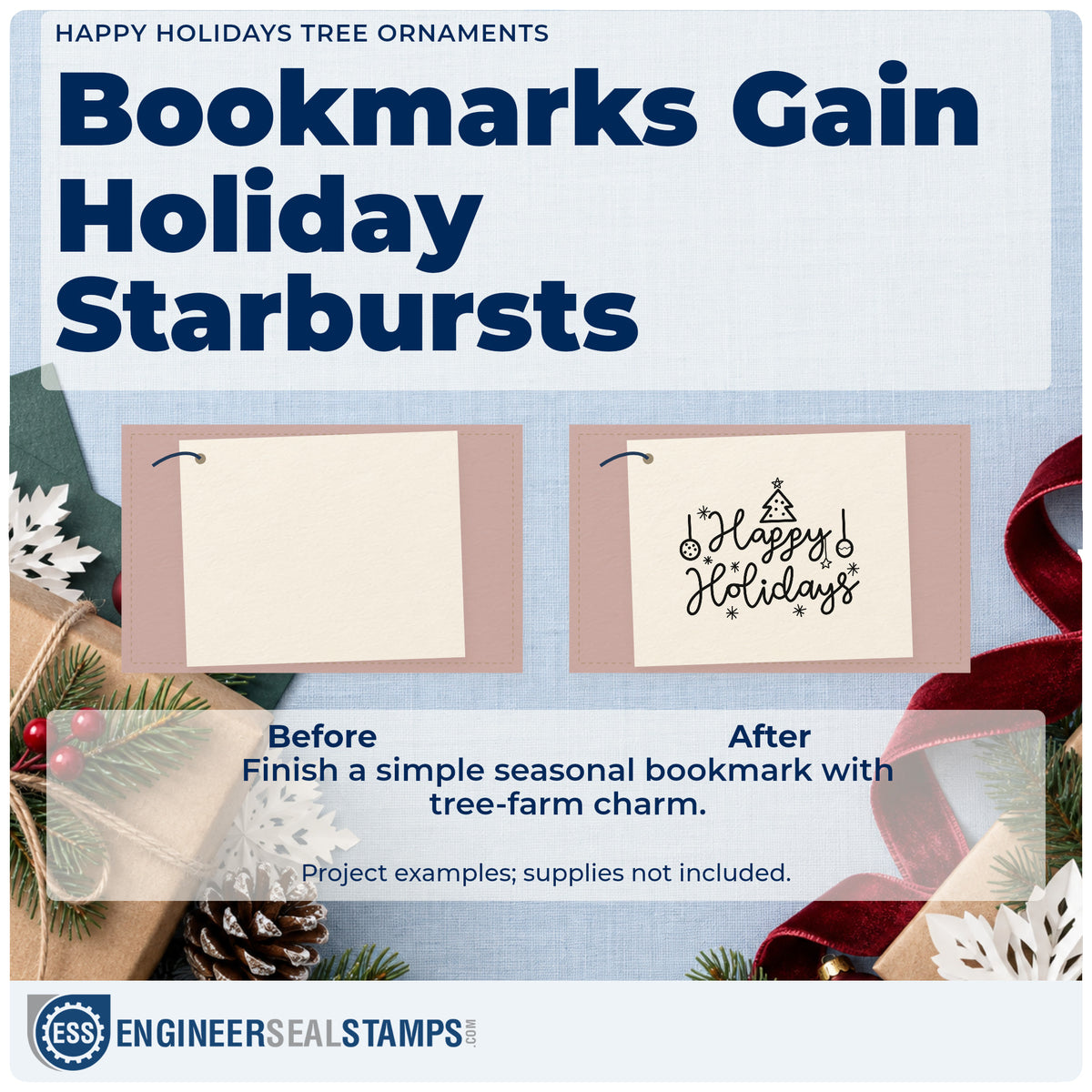 Before and after of a plain item finished with the Happy Holidays Tree Ornaments With Sparkles Stamp – Wood Handle, a quick upgrade for framed tree corner.