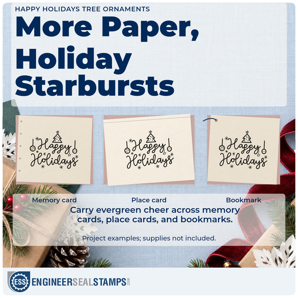 Three project examples made with the Happy Holidays Tree Ornaments With Sparkles PSI Pre-Inked Stamp, including setup order sheet.