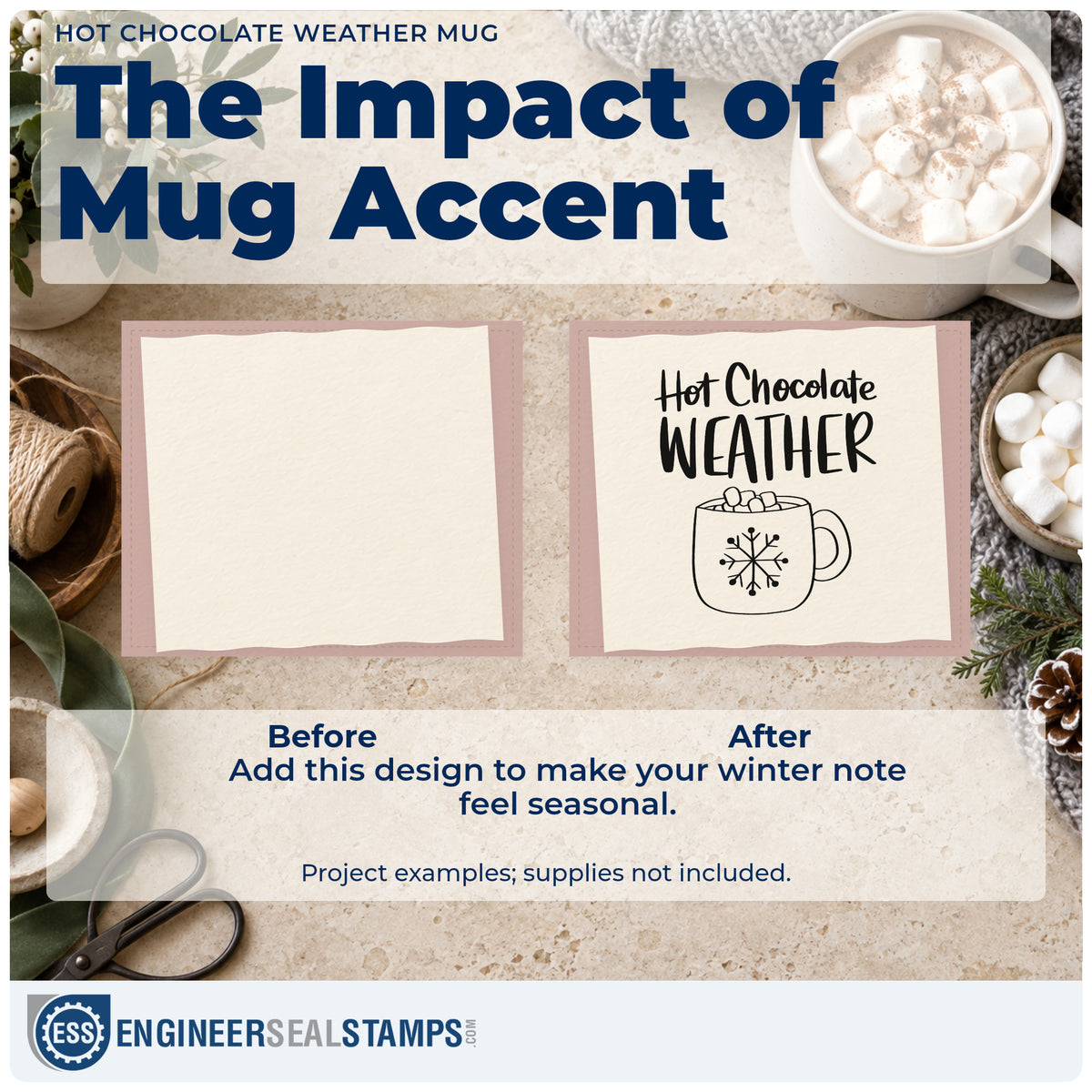 Before and after of a plain item finished with the Hot Chocolate Weather Mug Duo Hand Stamp, a quick upgrade for framed cocoa nook.