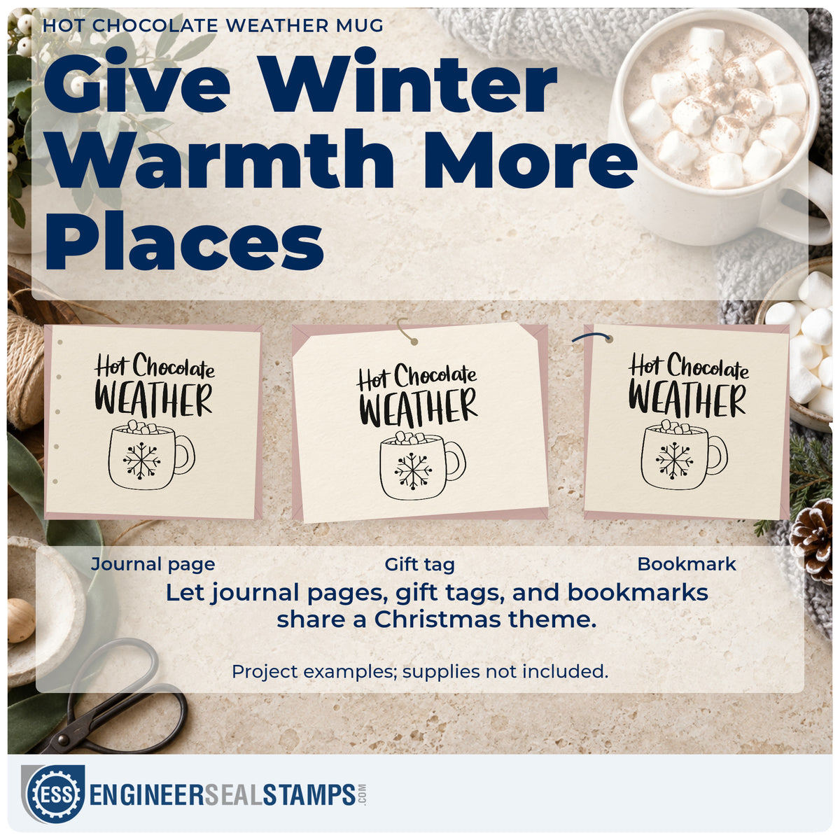 Three project examples made with the Hot Chocolate Weather Mug Rubber Stamp – Wood Handle, including recipe ratio sheet.