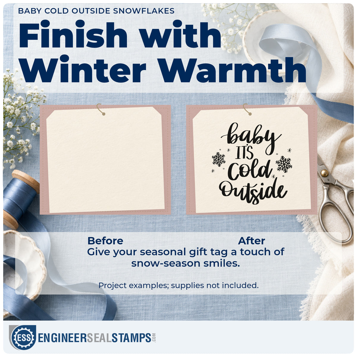 Before and after of a plain item finished with the Baby Cold Outside Snowflakes Hand Stamp – Duo, a quick upgrade for framed writing nook.