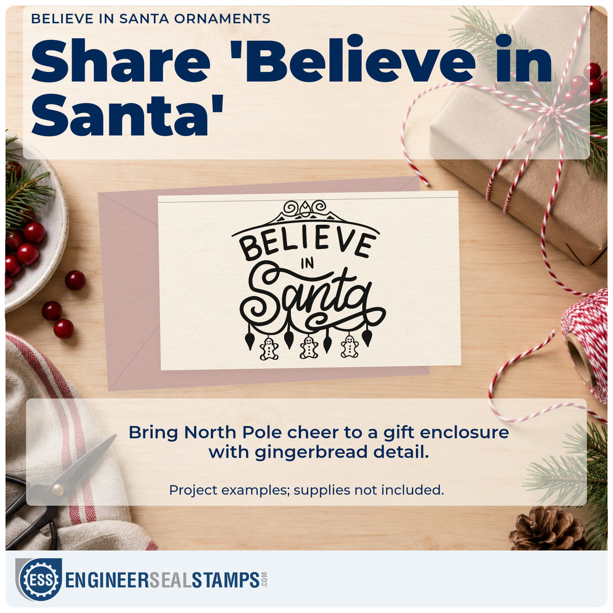 A finished handmade project stamped with the Believe In Santa Ornaments Gingerbread Pre-Inked Stamp – PSI, ideal for ornament album page.