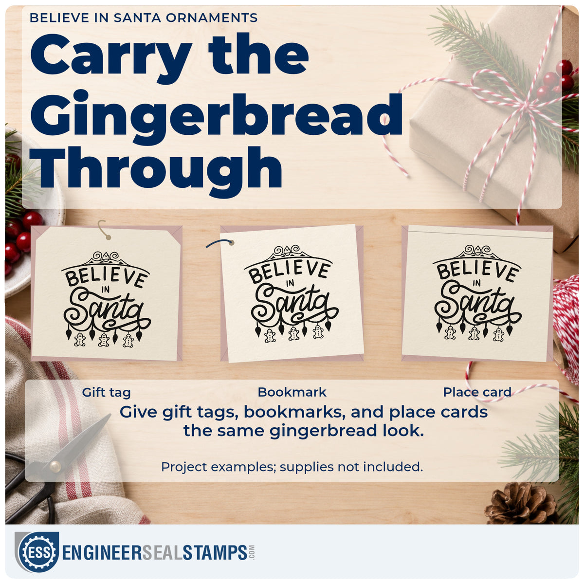 Three project examples made with the Believe In Santa Ornaments Gingerbread Stamp – Duo Hand, including project plan sheet.