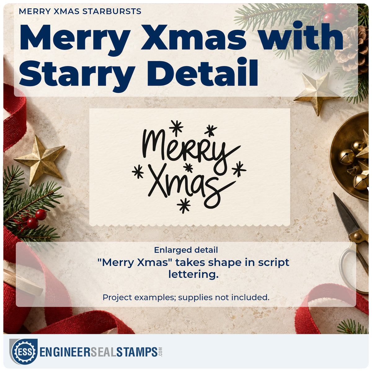 Enlarged detail of the Merry Xmas Starbursts Hand Stamp – Duo imprint. The words "Merry Xmas" appear in casual script surrounded by simple starbursts.