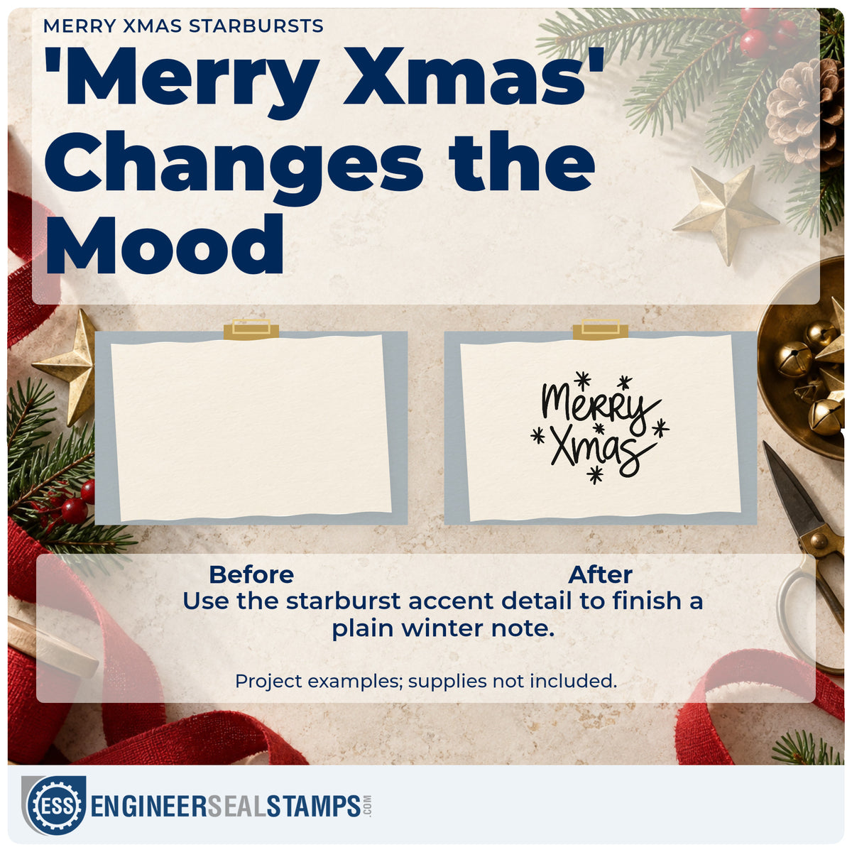 Before and after of a plain item finished with the Merry Xmas Starbursts Hand Stamp – Duo, a quick upgrade for framed desk clip.