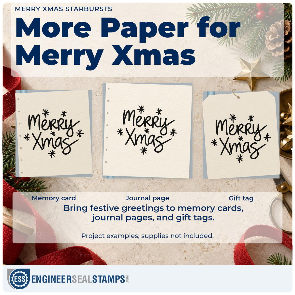 Three project examples made with the Merry Xmas Starbursts Hand Stamp – Duo, including scratch note sheet.