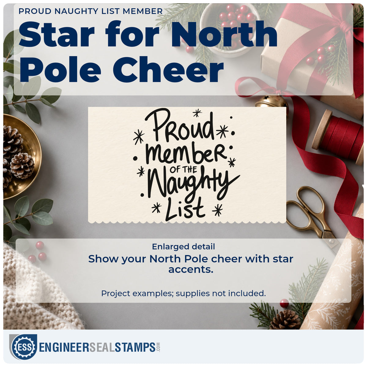 Enlarged detail of the Proud Naughty List Member Pre-Inked Stamp – PSI imprint. The words "Proud member of the naughty list" appear with scattered stars and dots.