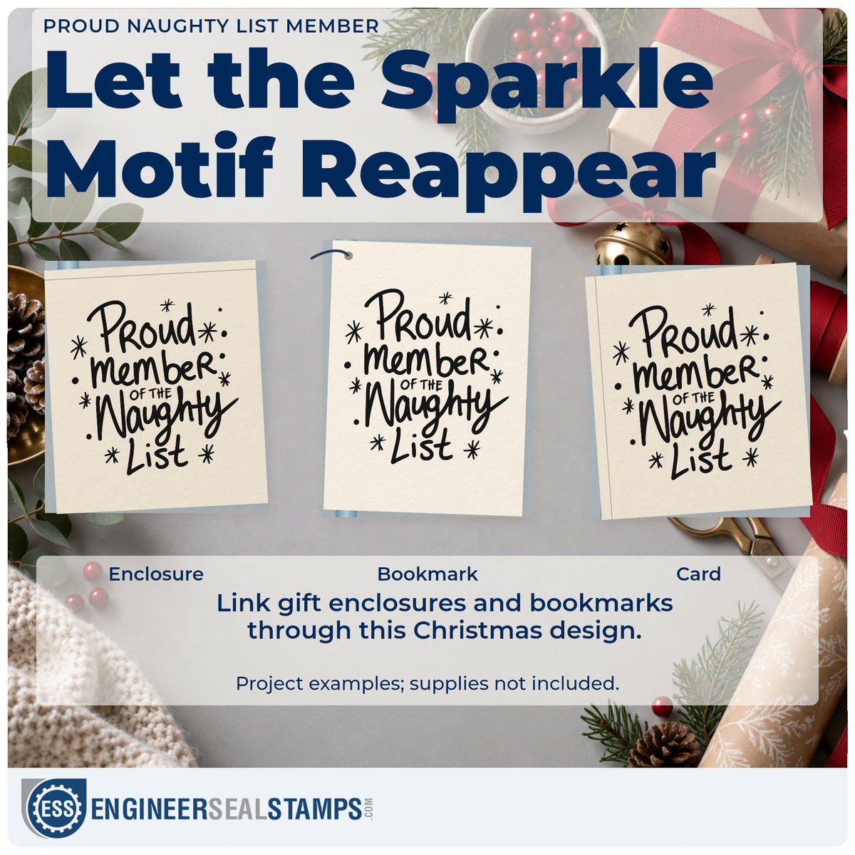 Three project examples made with the Proud Naughty List Member Pre-Inked Stamp – PSI, including roster list sheet.