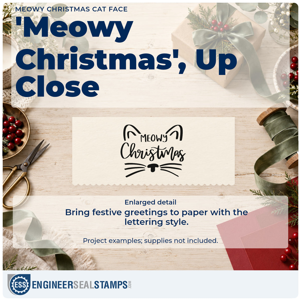 Enlarged detail of the Meowy Christmas Cat Face Pre-Inked Stamp – Slim imprint. The words "Meowy Christmas" form a cat face with ears, whiskers, and a nose.