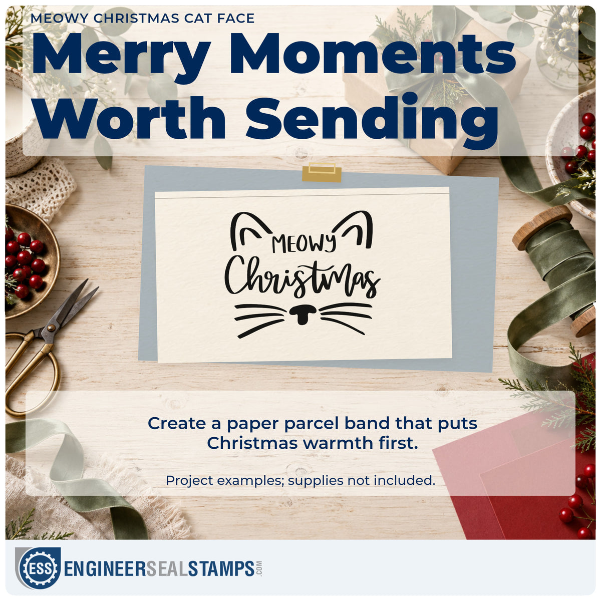 A finished handmade project stamped with the Meowy Christmas Cat Face Pre-Inked Stamp – Slim, ideal for portrait album page.