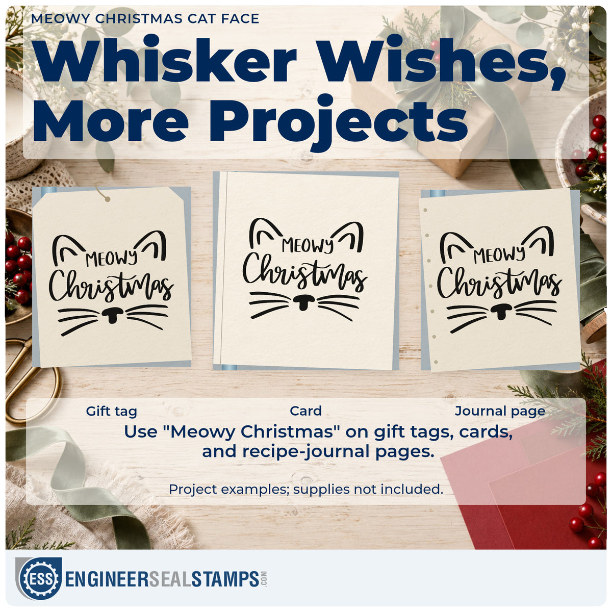 Three project examples made with the Meowy Christmas Cat Face Pre-Inked Stamp – Slim, including grooming log sheet.