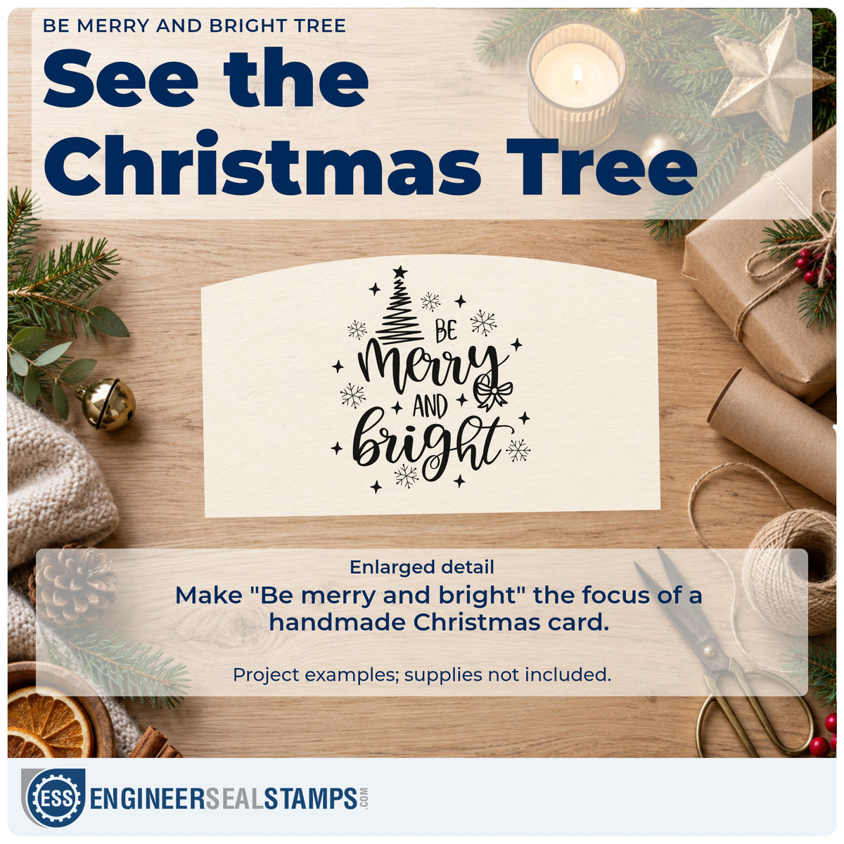 Enlarged detail of the Slim Pre-Inked Be Merry And Bright Tree Snowflakes Stamp imprint. The words "Be merry and bright" appear with a sketchy Christmas tree, bow, snowflakes, and stars.