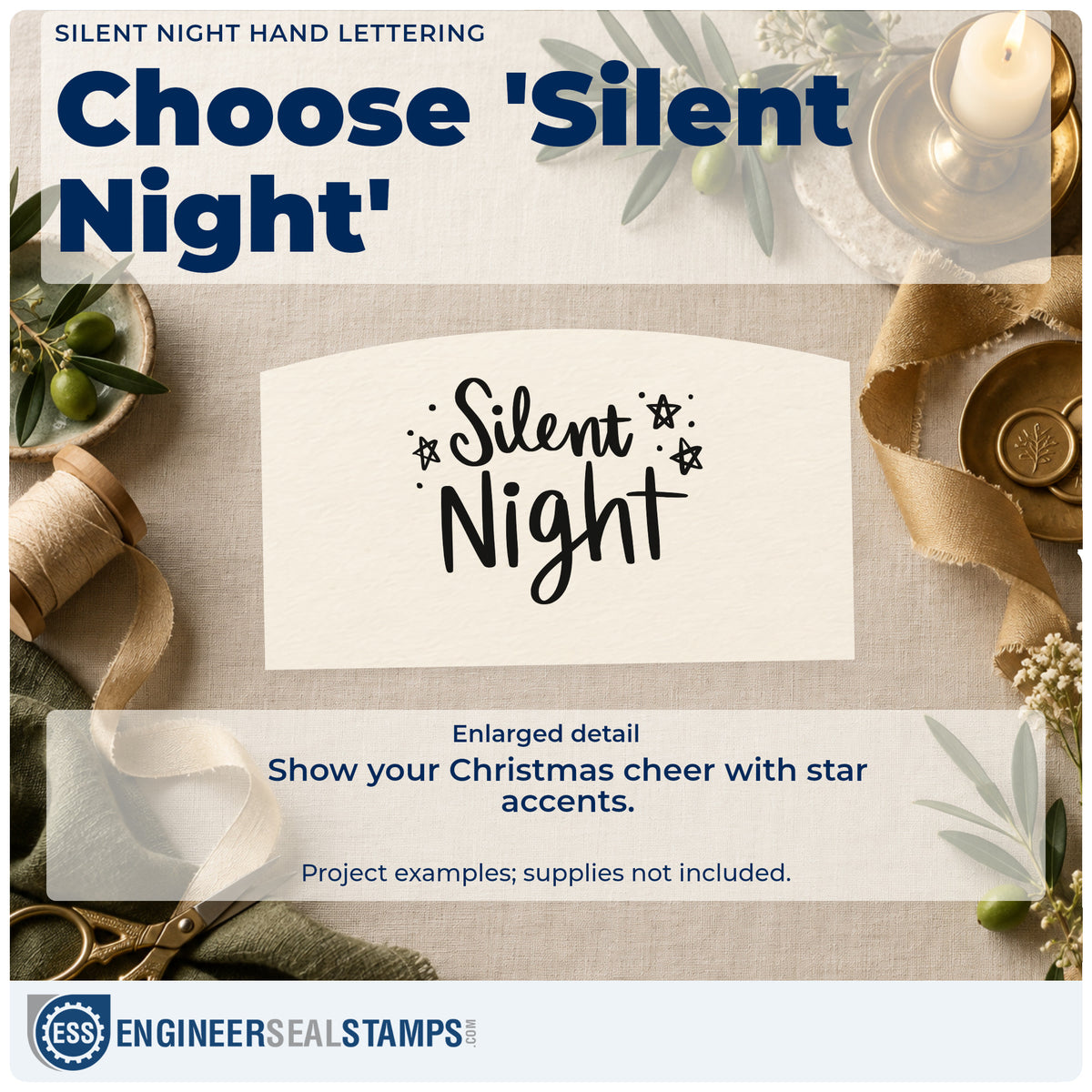 Enlarged detail of the Silent Night Hand Lettering Self-Inking Stamp imprint. The words "Silent night" appear with outlined stars and scattered dots.