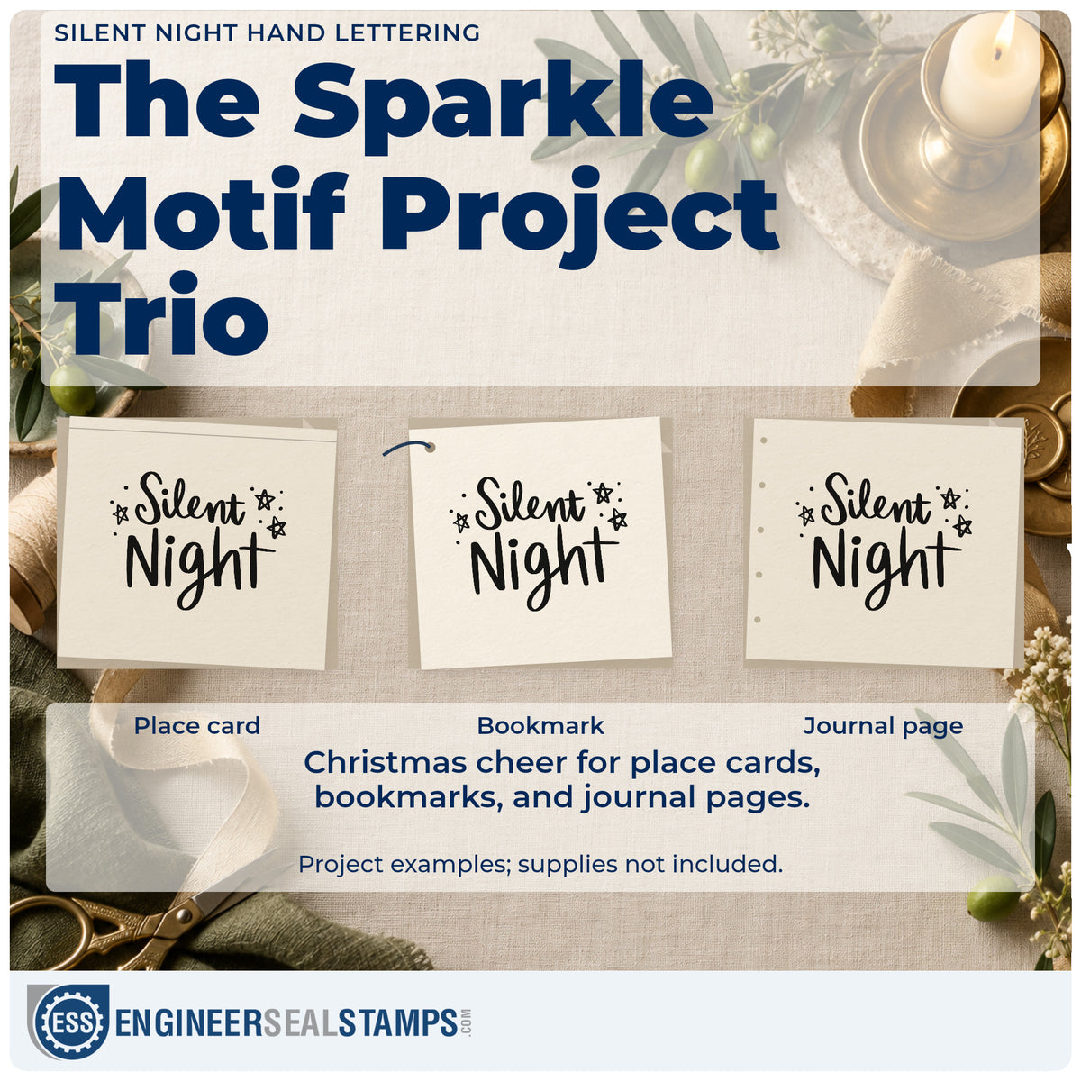 Three project examples made with the Silent Night Hand Lettering Pre-Inked Stamp – Slim, including observation log sheet.