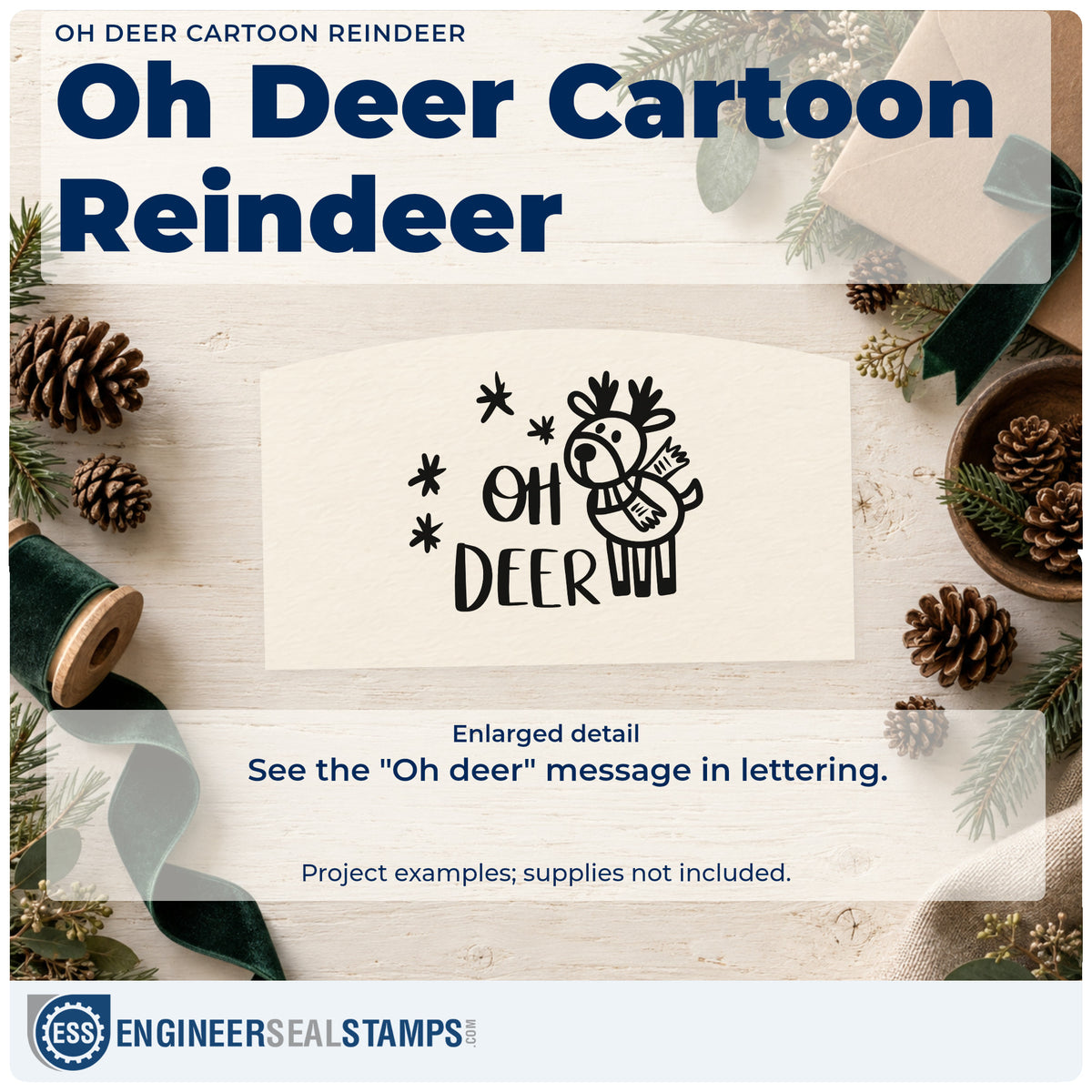 Enlarged detail of the Oh Deer Cartoon Reindeer With Sparkles Premium Wooden Stamp – Vintage Pro imprint. The words "Oh deer" appear beside a cartoon reindeer wearing a scarf with small starbursts.