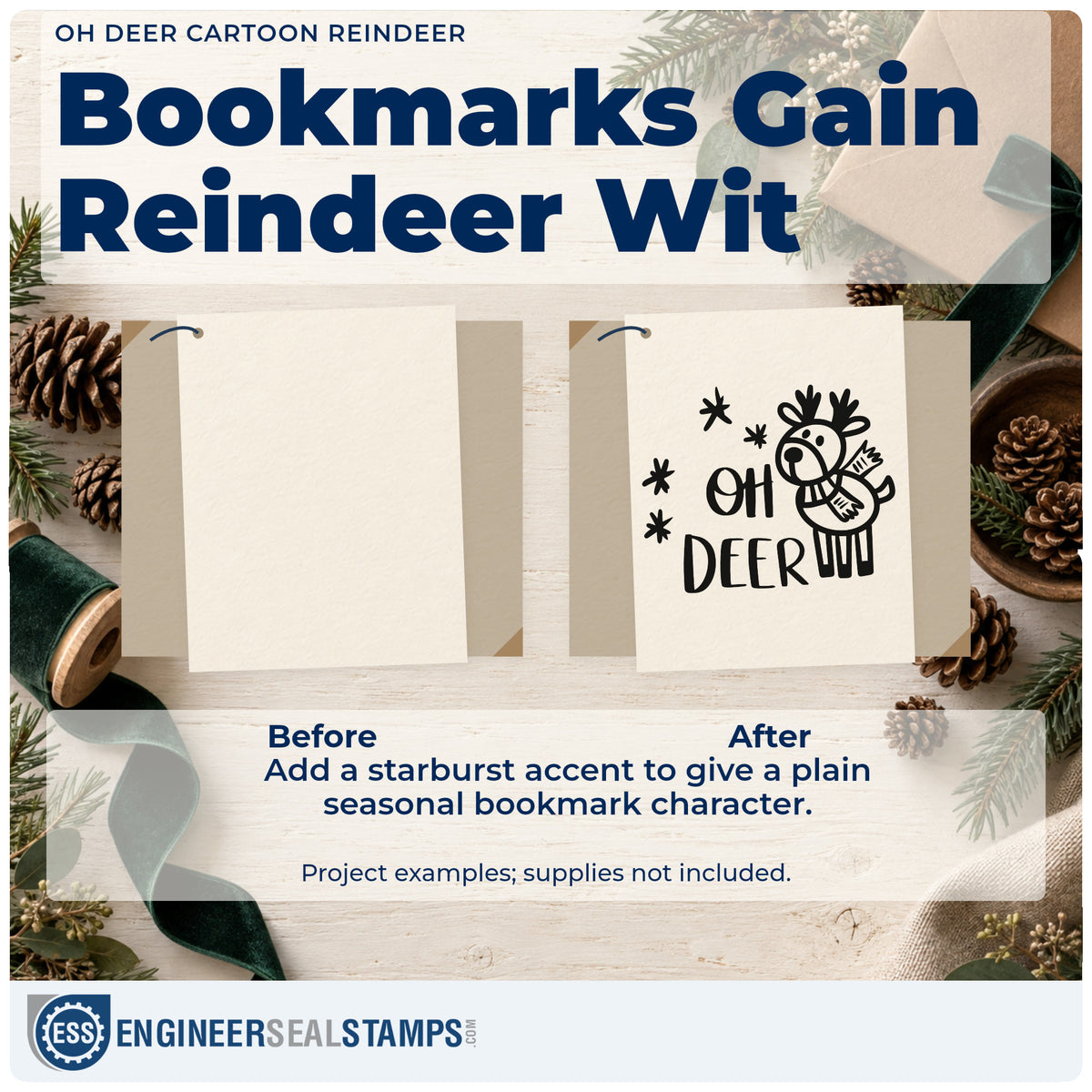 Before and after of a plain item finished with the Oh Deer Cartoon Reindeer With Sparkles Stamp – Duo Hand, a quick upgrade for framed bunk rail.