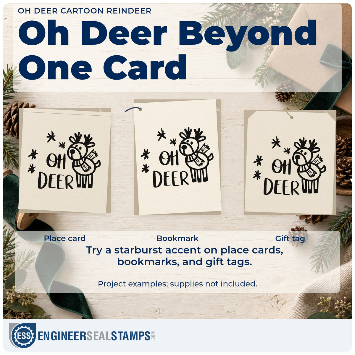 Three project examples made with the Self-Inking Oh Deer Cartoon Reindeer With Sparkles Stamp, including sticker chart sheet.
