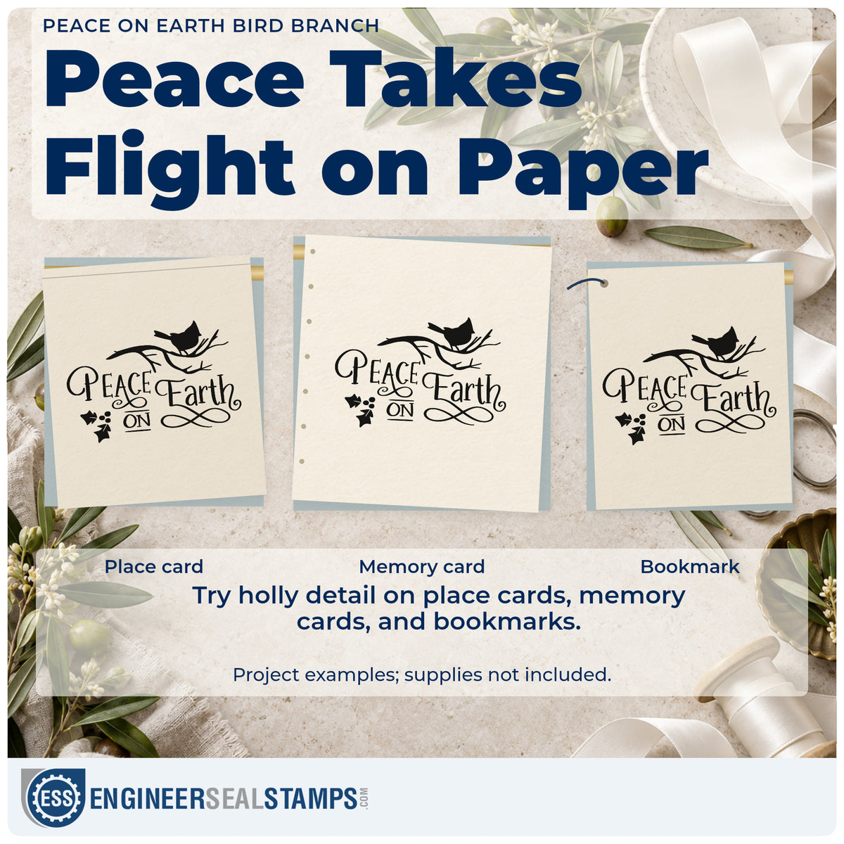 Three project examples made with the Peace On Earth Bird Branch Rubber Stamp – Duo Hand, including sighting log sheet.
