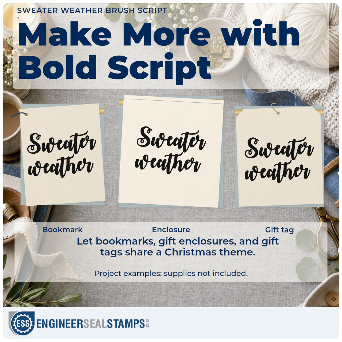 Three project examples made with the Sweater Weather Brush Script Lettering Slim Pre-Inked Stamp, including big note sheet.