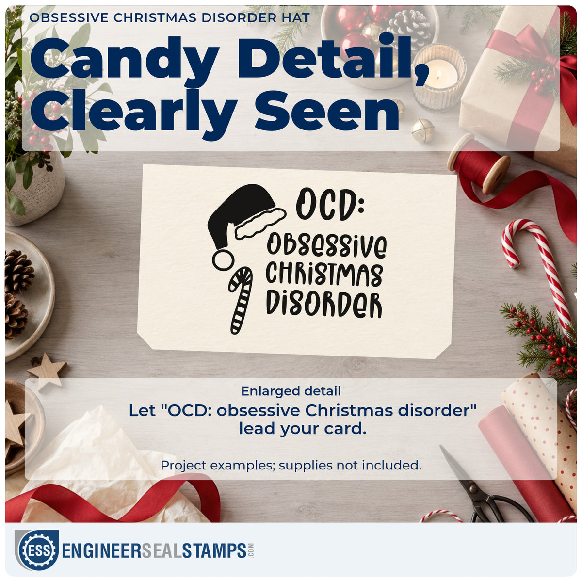 Enlarged detail of the Obsessive Christmas Disorder Hat Hand Stamp – Duo imprint. The words "OCD: obsessive Christmas disorder" appear beside a Santa hat and candy cane.