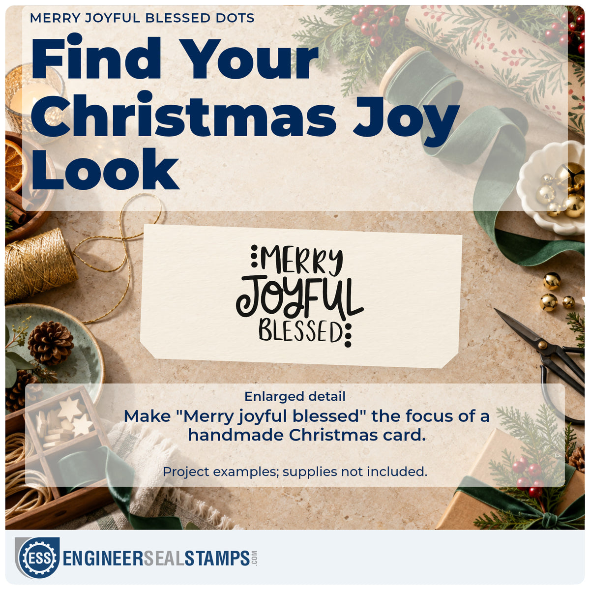 Enlarged detail of the Merry Joyful Blessed Dots Lettering Pre-Inked Stamp – PSI imprint. The words "Merry joyful blessed" appear in varied lettering with two vertical groups of dots.