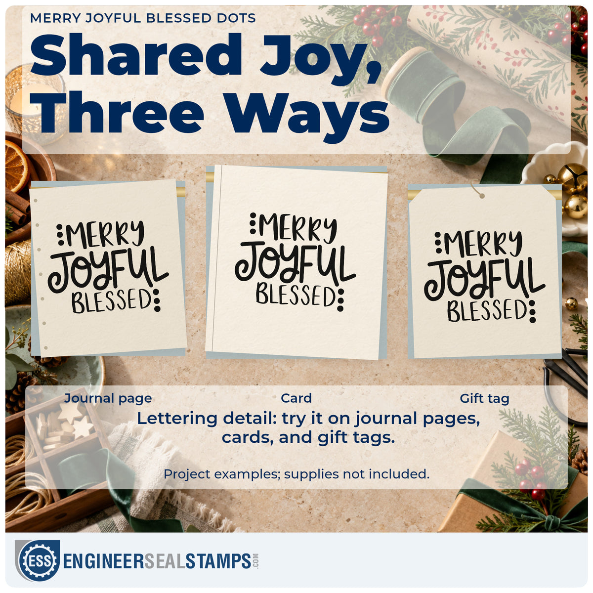 Three project examples made with the Merry Joyful Blessed Dots Lettering Pre-Inked Stamp – PSI, including margin rule sheet.