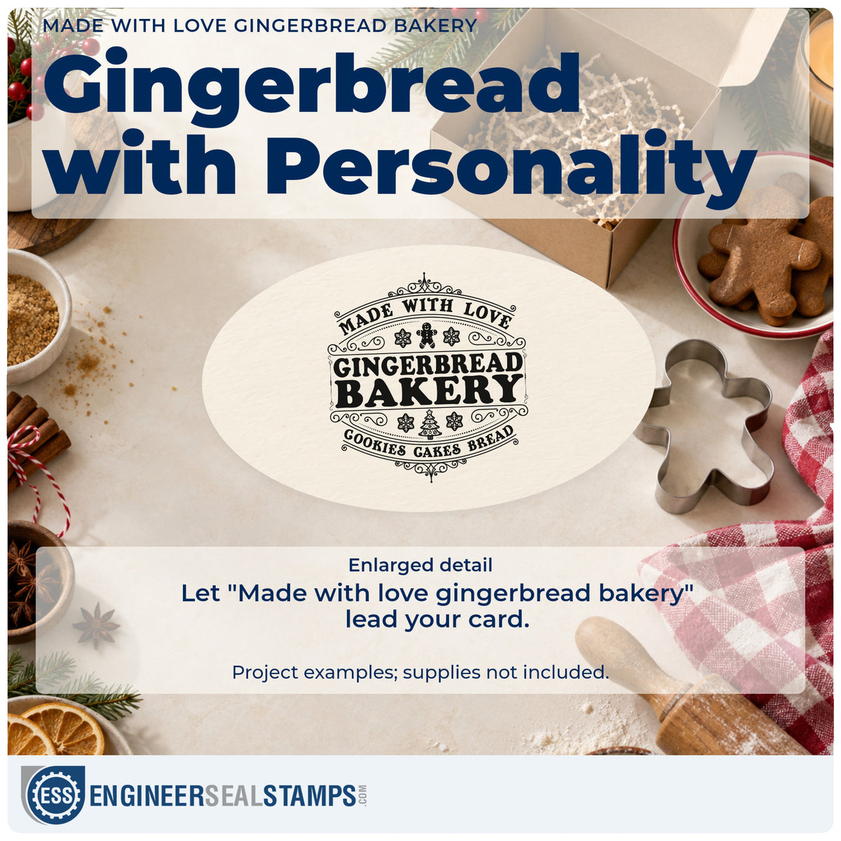 Enlarged detail of the Made With Love Gingerbread Bakery Slim Pre-Inked Stamp imprint. An ornate vintage emblem reads "Made with love gingerbread bakery" and "cookies cakes bread" with gingerbread, snowflake, and tree icons.