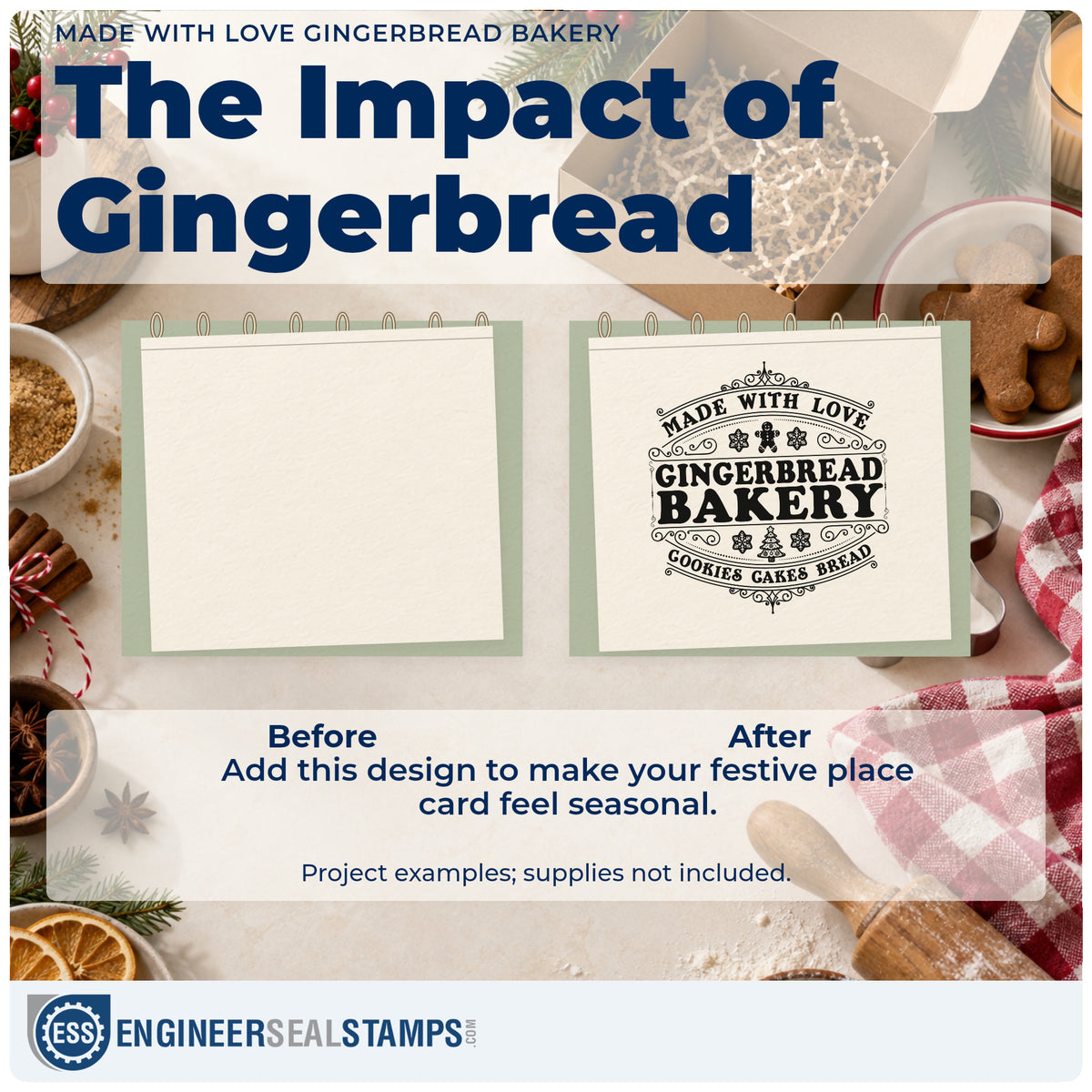 Before and after of a plain item finished with the Made With Love Gingerbread Bakery Stamp – Self-Inking, a quick upgrade for framed shop entry.