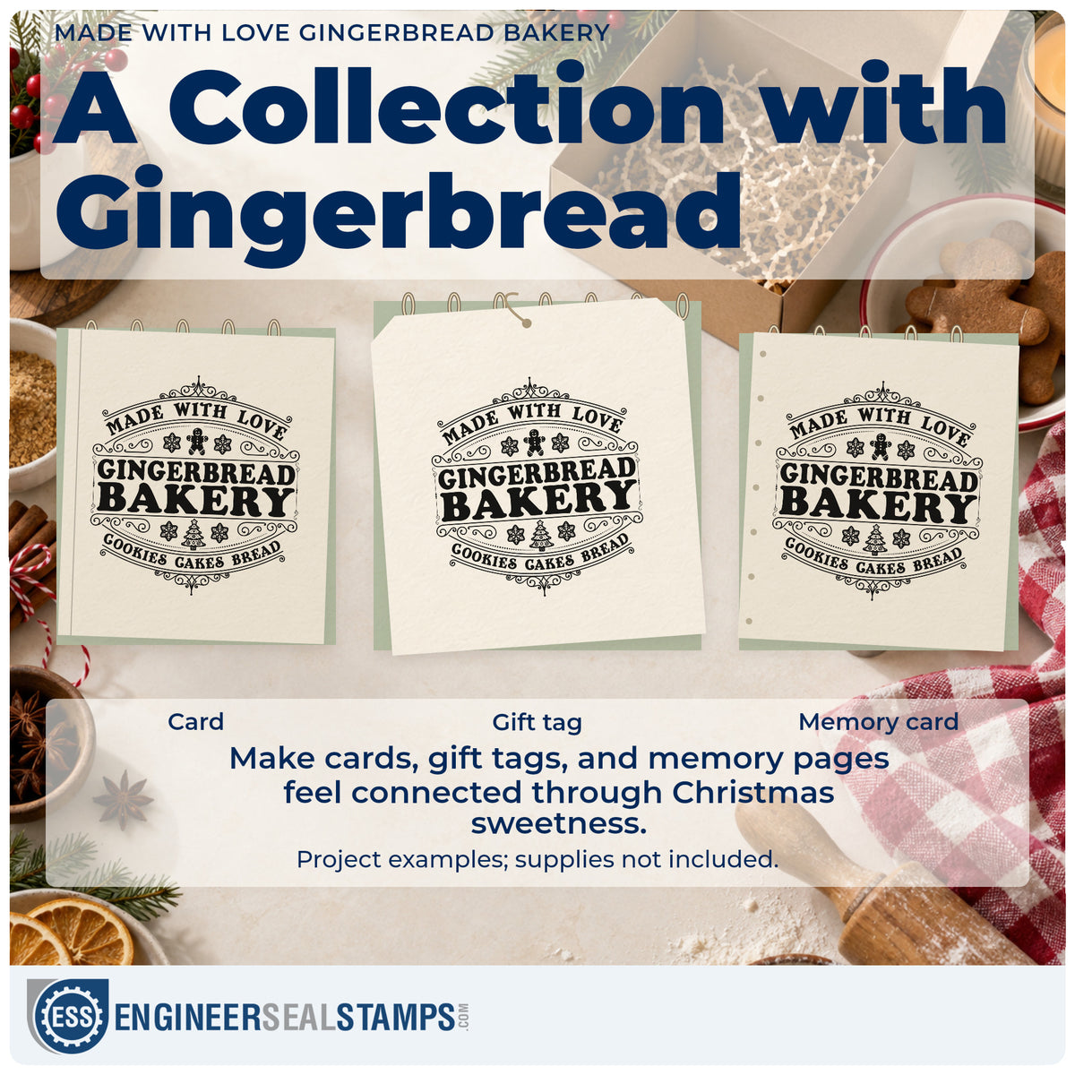 Three project examples made with the Made With Love Gingerbread Bakery Slim Pre-Inked Stamp, including daily bake sheet.