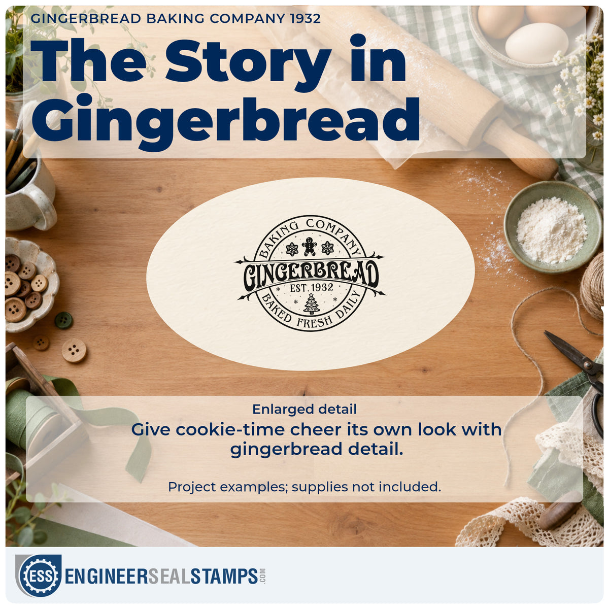 Enlarged detail of the Gingerbread Baking Company 1932 Rubber Stamp – Duo Hand imprint. A circular badge reads "Baking company gingerbread est. 1932 baked fresh daily" with gingerbread, snowflakes, and a tree.