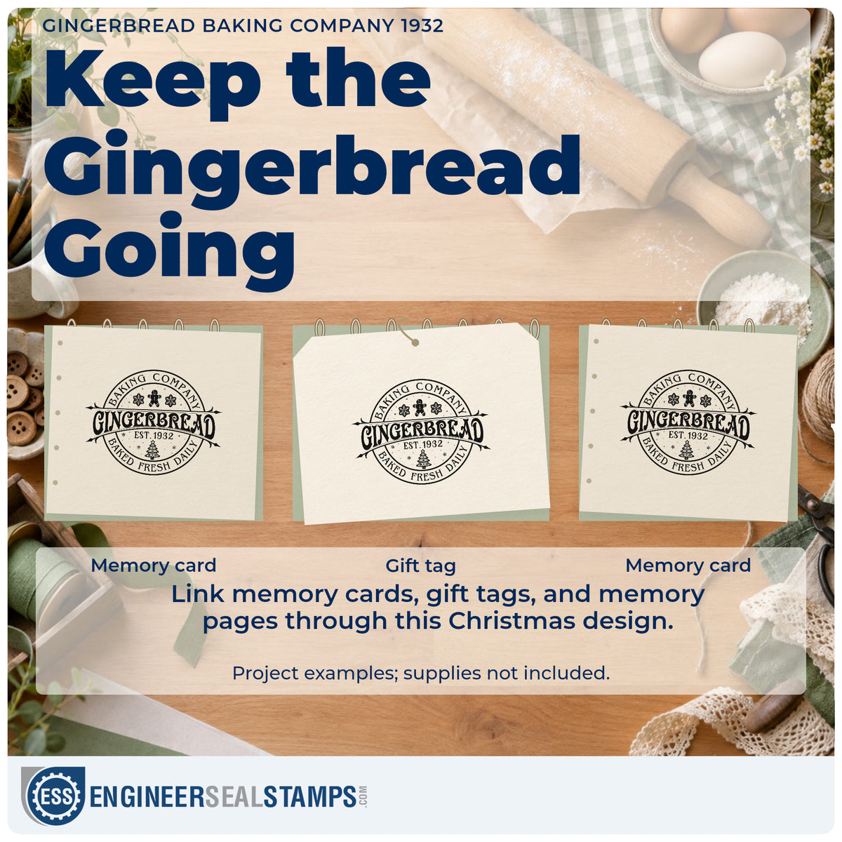 Three project examples made with the Slim Pre-Inked Gingerbread Baking Company 1932 Stamp, including year record sheet.