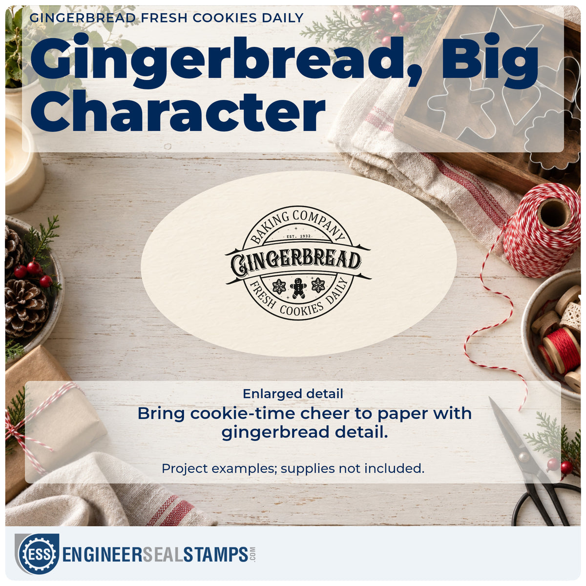 Enlarged detail of the Baking Company Gingerbread Fresh Cookies Daily Pre-Inked Stamp – Slim imprint. A circular badge reads "Baking company gingerbread fresh cookies daily" with gingerbread and snowflake icons.