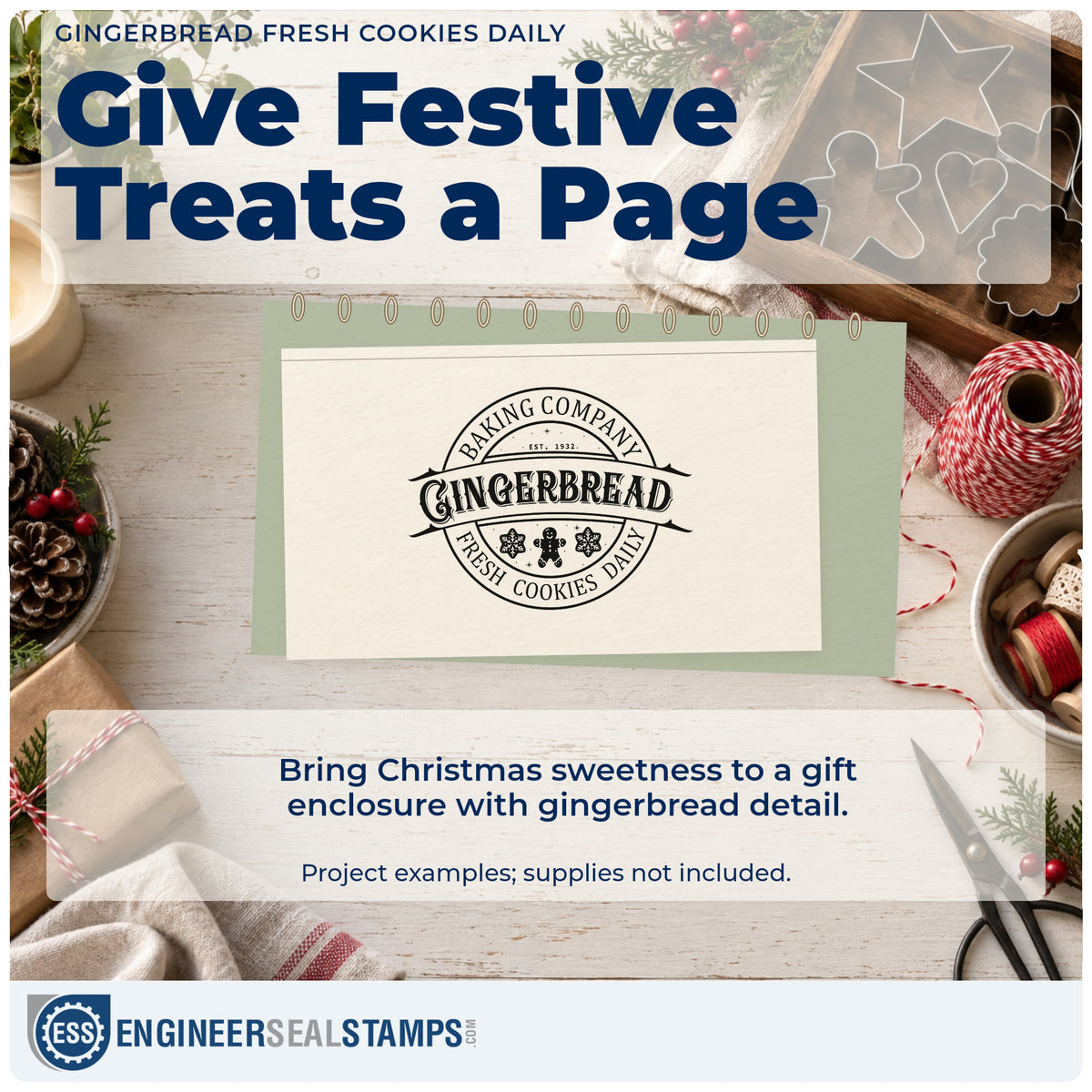 A finished handmade project stamped with the Baking Company Gingerbread Fresh Cookies Daily PSI Pre-Inked Stamp, ideal for morning album page.