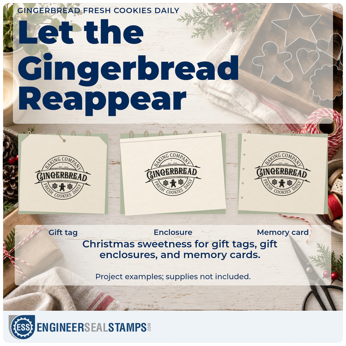 Three project examples made with the Baking Company Gingerbread Fresh Cookies Daily Pre-Inked Stamp – Slim, including prep schedule sheet.