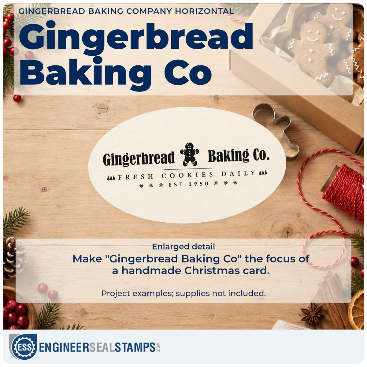 Enlarged detail of the Gingerbread Baking Company Horizontal Lettering Stamp – Duo Hand imprint. The words "Gingerbread Baking Co." flank a gingerbread figure above "fresh cookies daily" and "est 1950."