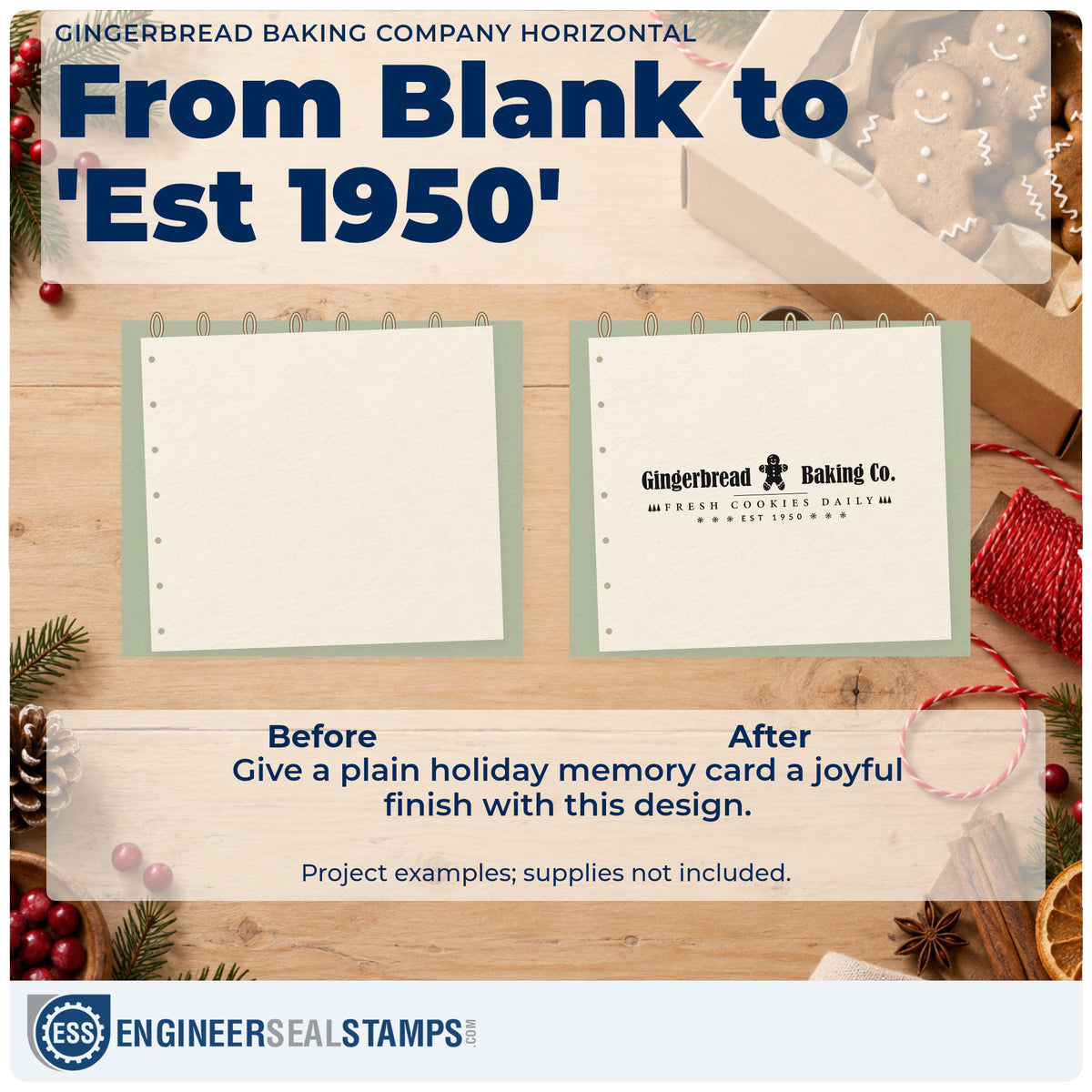 Before and after of a plain item finished with the Gingerbread Baking Company Horizontal Lettering Slim Pre-Inked Stamp, a quick upgrade for framed counter back.
