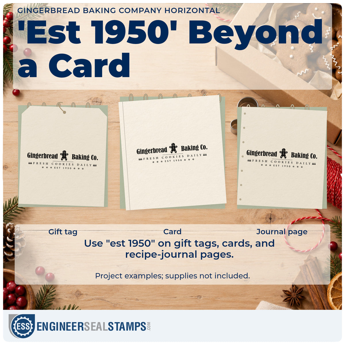 Three project examples made with the Gingerbread Baking Company Horizontal Lettering Stamp – Duo Hand, including brand note sheet.