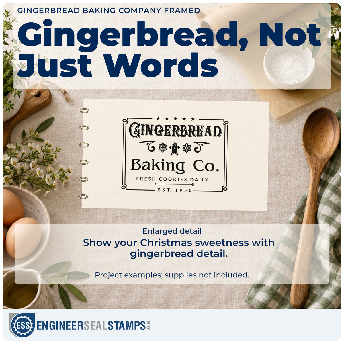 Enlarged detail of the Wood Handle Gingerbread Baking Company Framed Rubber Stamp imprint. An outlined rectangular emblem reads "Gingerbread Baking Co. fresh cookies daily" with a gingerbread figure, snowflakes, and stars.
