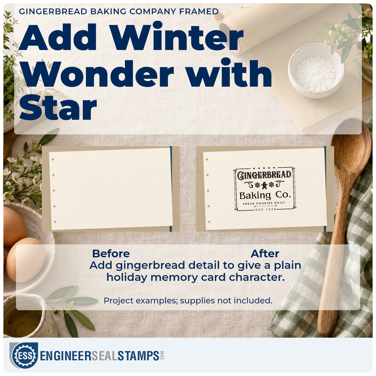 Before and after of a plain item finished with the Gingerbread Baking Company Framed PSI Pre-Inked Stamp, a quick upgrade for framed square mat.