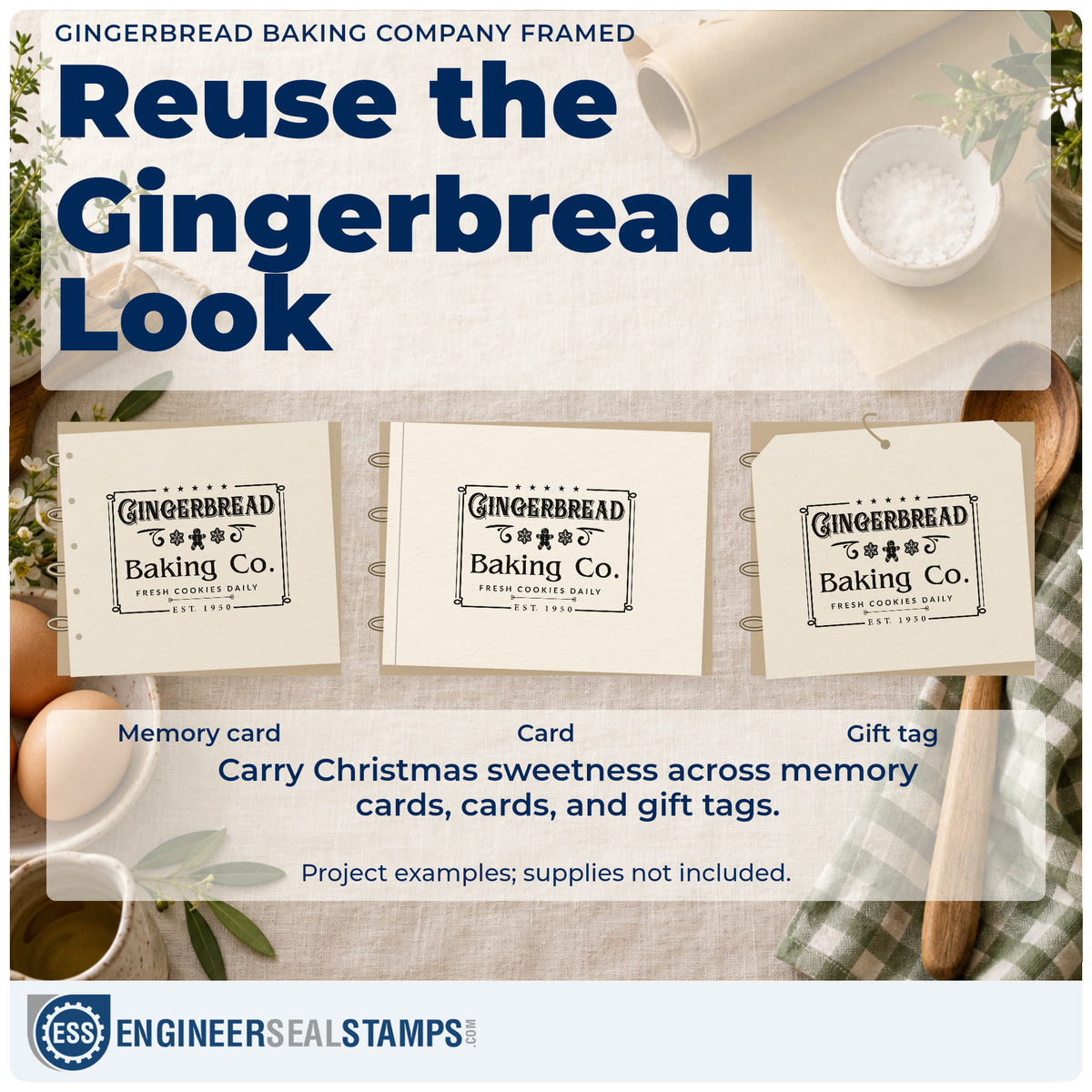 Three project examples made with the Wood Handle Gingerbread Baking Company Framed Rubber Stamp, including ruled form sheet.