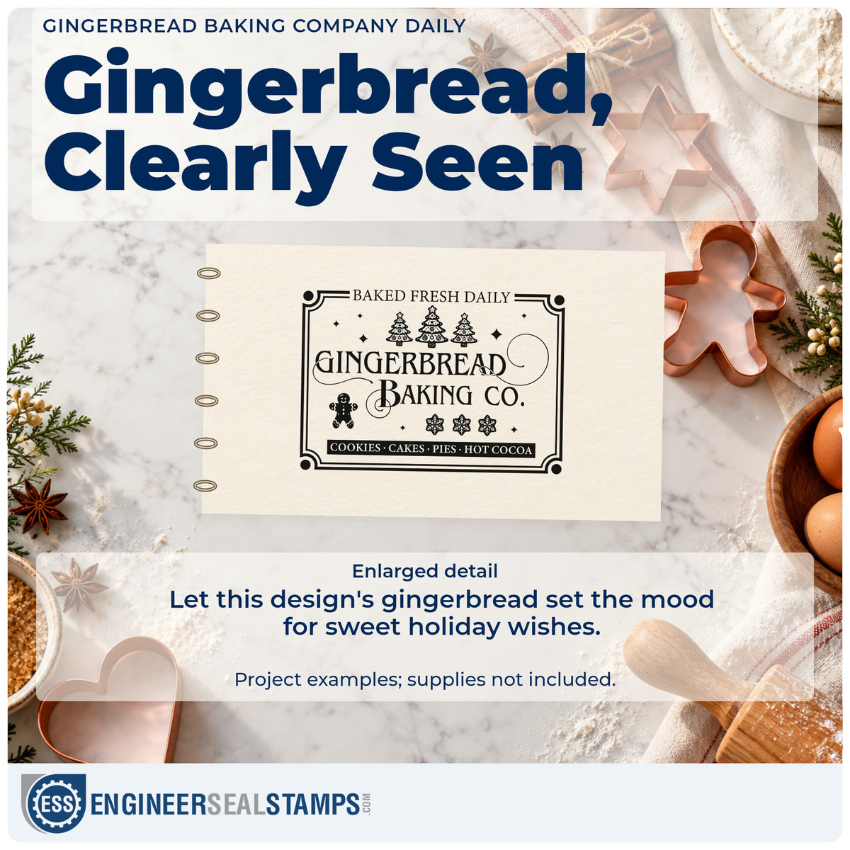 Enlarged detail of the Duo Hand Gingerbread Baking Company Daily Tree Motif Rubber Stamp imprint. A vintage bordered sign reads "Baked fresh daily Gingerbread Baking Co." with trees, gingerbread, snowflakes, and small decorative stars.