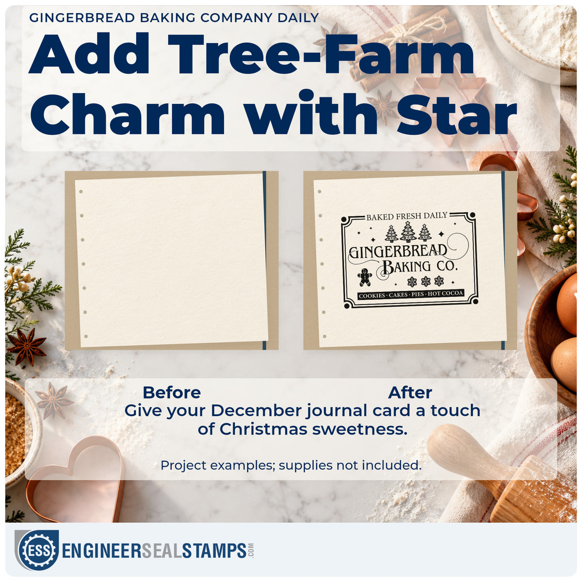Before and after of a plain item finished with the Gingerbread Baking Company Daily Tree Motif Stamp – PSI Pre-Inked, a quick upgrade for framed booth panel.