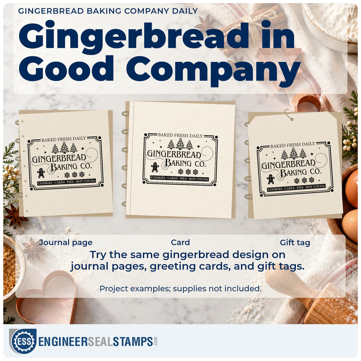 Three project examples made with the Gingerbread Baking Company Daily Tree Motif Self-Inking Stamp, including market day sheet.