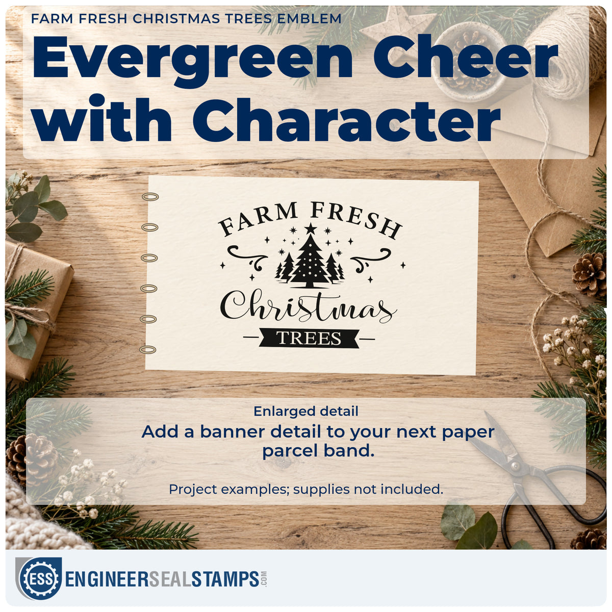 Enlarged detail of the Farm Fresh Christmas Trees Emblem Stamp – Slim Pre-Inked imprint. The words "Farm fresh Christmas trees" surround a cluster of trees with stars, flourishes, and a ribbon.