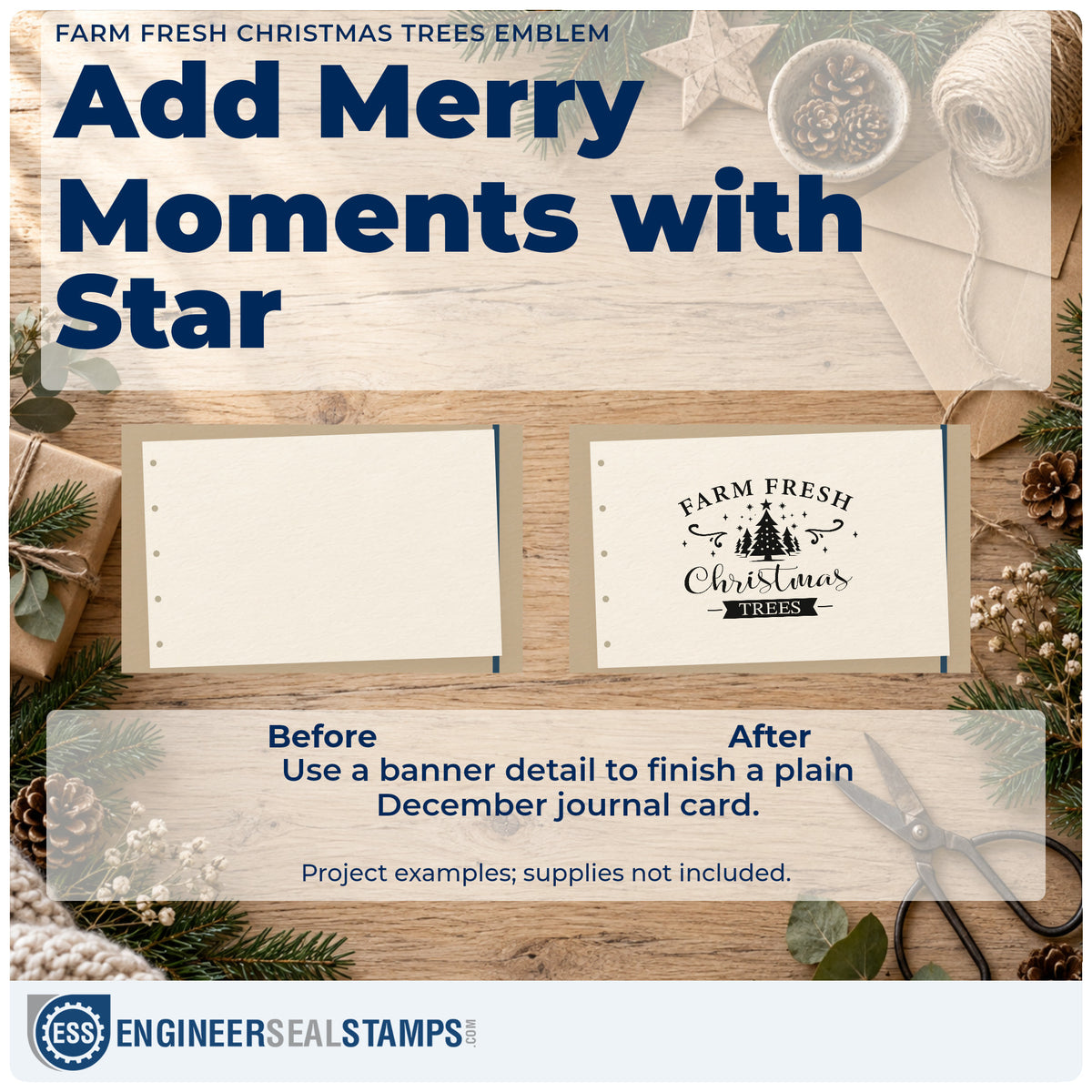 Before and after of a plain item finished with the Farm Fresh Christmas Trees Emblem Hand Stamp – Duo, a quick upgrade for ribbon band printing.