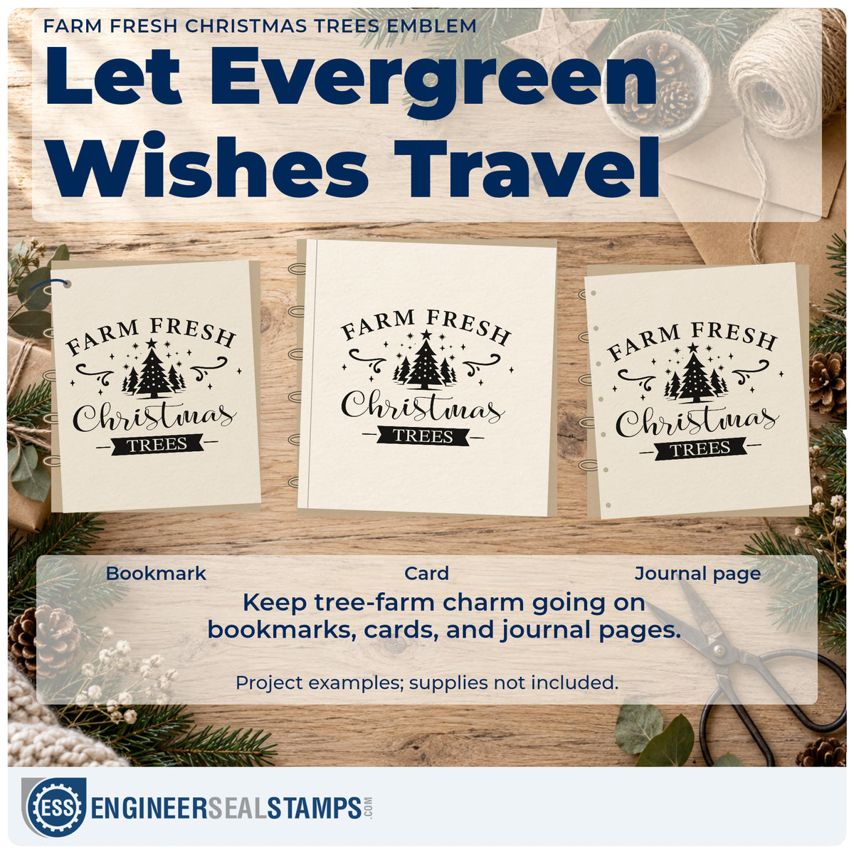 Three project examples made with the Farm Fresh Christmas Trees Emblem Stamp – Slim Pre-Inked, including bundle price tags.