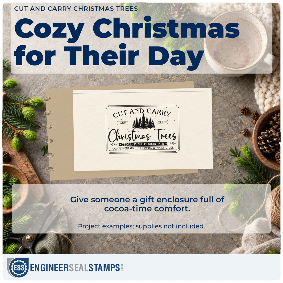 A finished handmade project stamped with the Cut And Carry Christmas Trees Pine Motif Pre-Inked Stamp – PSI, ideal for carry cards.