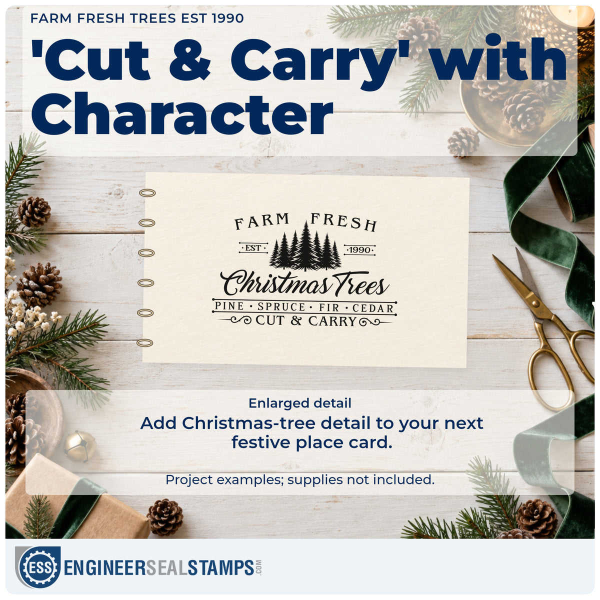 Enlarged detail of the Farm Fresh Trees Est 1990 Hand Stamp – Duo imprint. The words "Farm fresh Christmas trees" surround pine silhouettes with "est. 1990," species names, and "cut & carry."