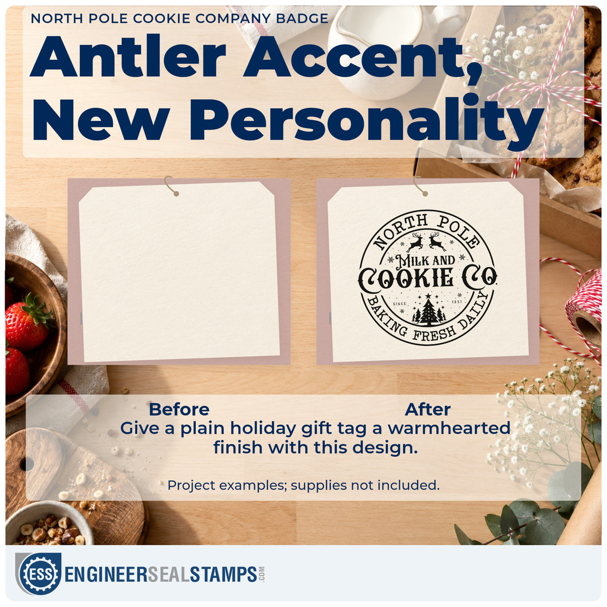 Before and after of a plain item finished with the North Pole Cookie Company Emblem Compact Pre-Inked Stamp – Slim, a quick upgrade for framed dispatch wall.